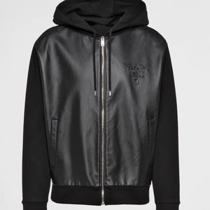Prada Technical fleece and leather hoodie jacket